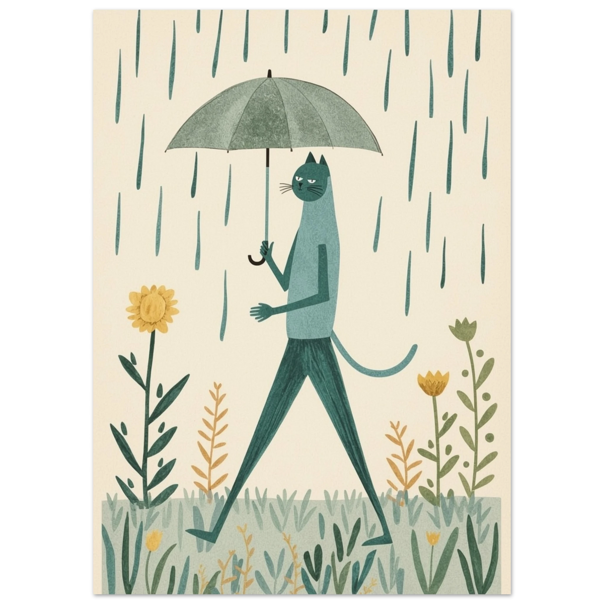 Tecknad katt i regn, detaljbild med fokus på katten och paraplyet – Tecknad poster