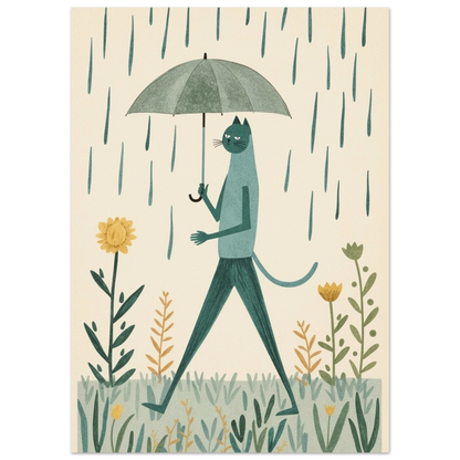 Tecknad katt i regn, detaljbild med fokus på katten och paraplyet – Tecknad poster