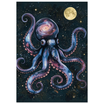 Surrealistisk bläckfiskposter med nebulosor och stjärnor i mörka toner