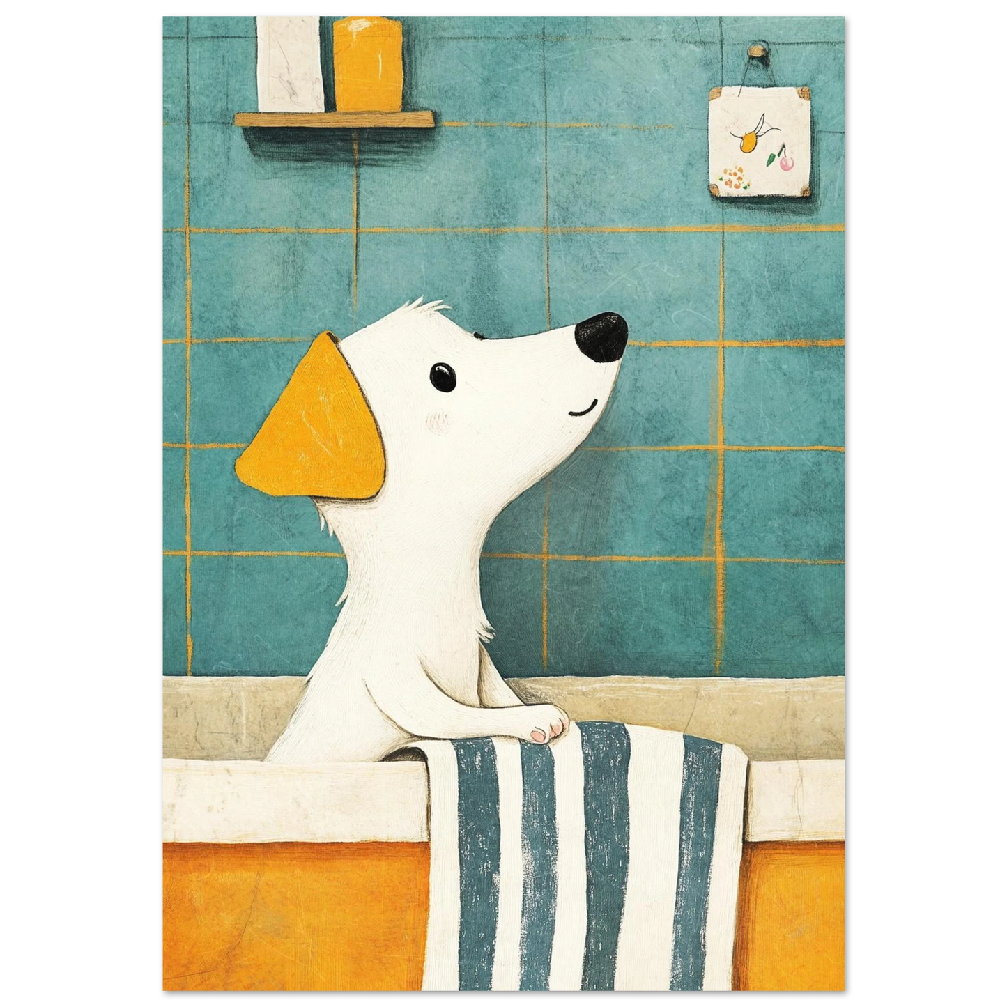 Illustration av vit hund med gula öron i ett badkar – BILD 1