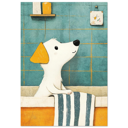 Illustration av vit hund med gula öron i ett badkar – BILD 1