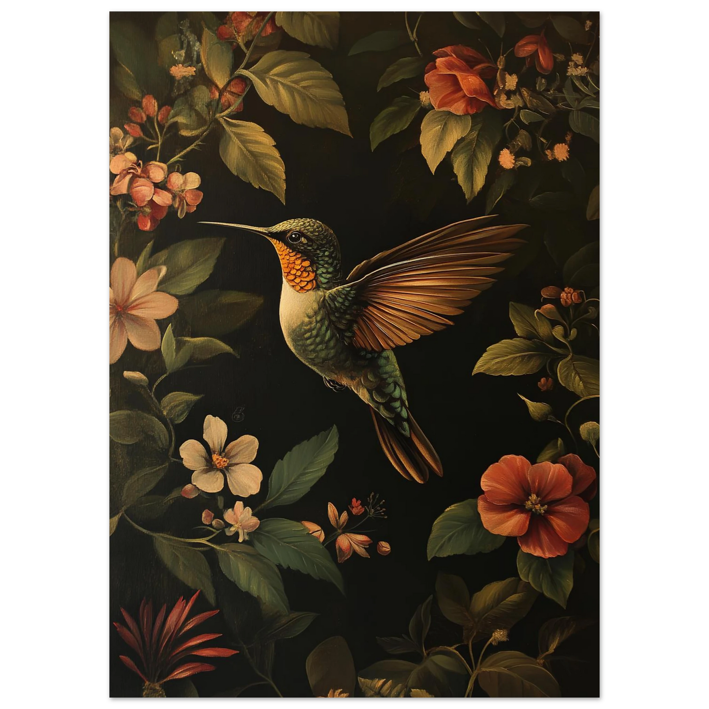 Detaljrik fågelposter med kolibri i flykt omgiven av botaniska bladverk