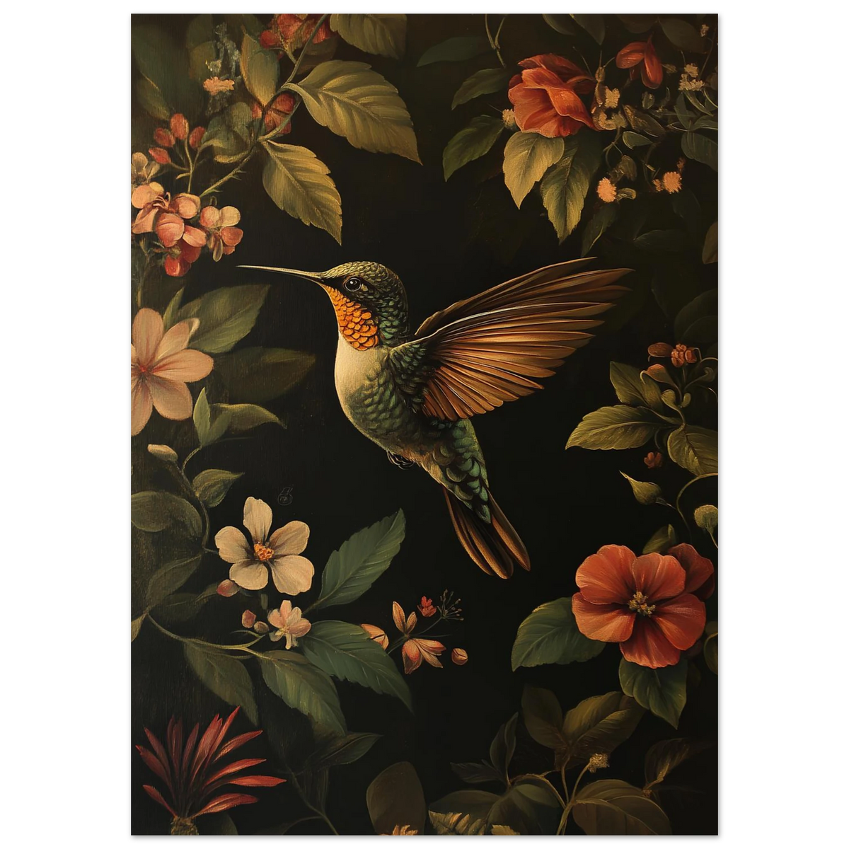 Detaljrik fågelposter med kolibri i flykt omgiven av botaniska bladverk