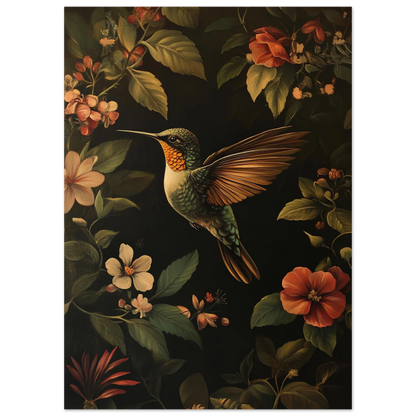 Detaljrik fågelposter med kolibri i flykt omgiven av botaniska bladverk