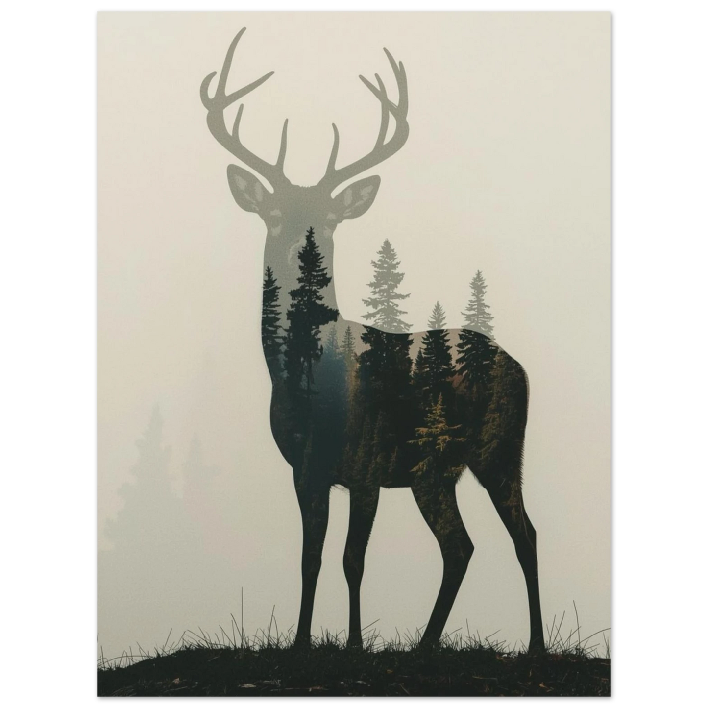 Konstnärligt print med hjort och tät skog i dova gråtoner