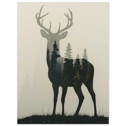 Konstnärligt print med hjort och tät skog i dova gråtoner