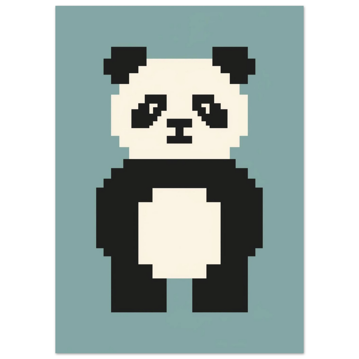 Digital 8-bitars illustration av en panda, minimalistiskt djurmotiv