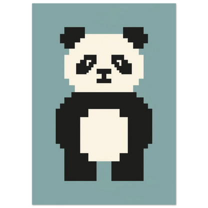 Digital 8-bitars illustration av en panda, minimalistiskt djurmotiv