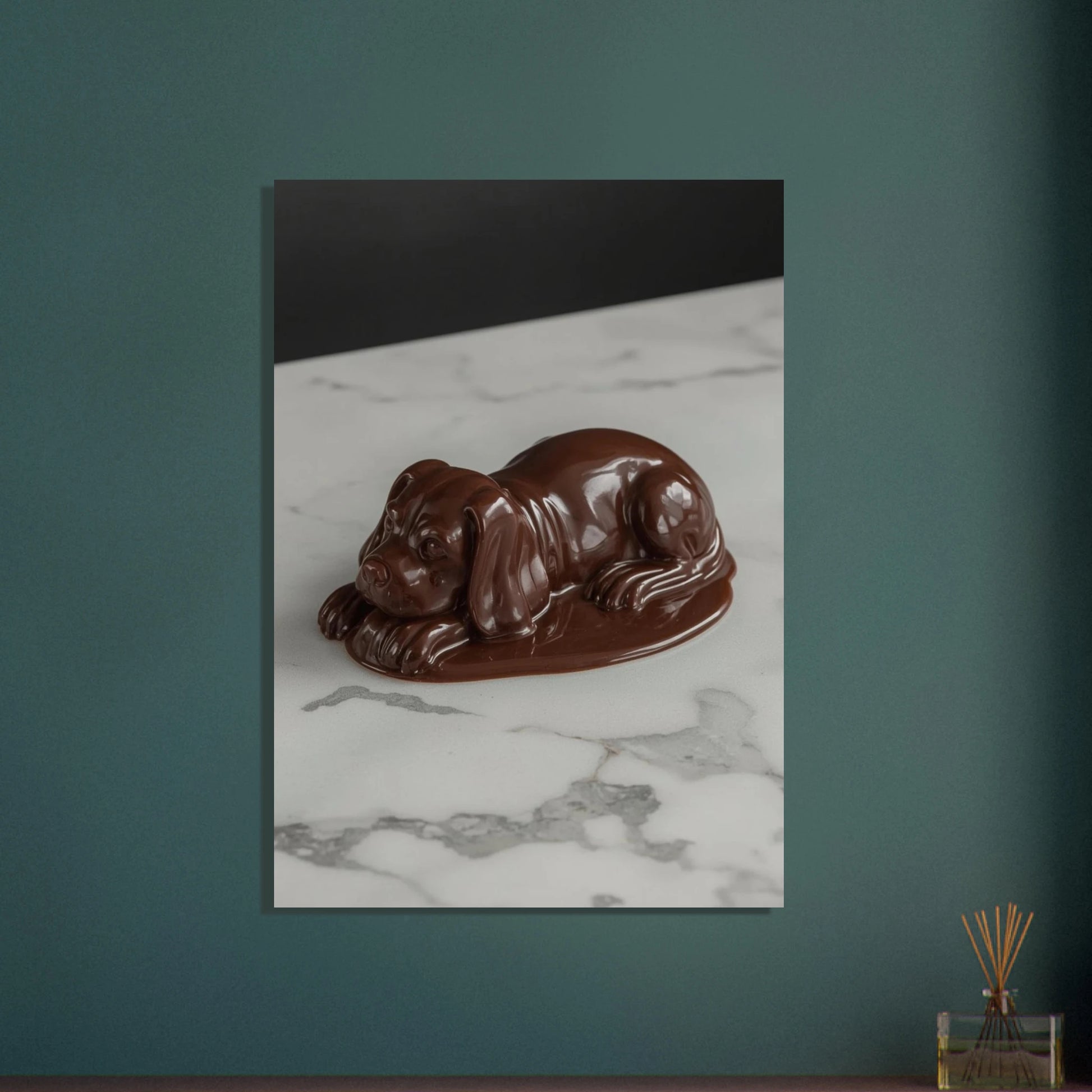 Chokladhund som vilar på marmorerad yta, drömlik och söt.