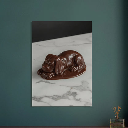 Chokladhund som vilar på marmorerad yta, drömlik och söt.