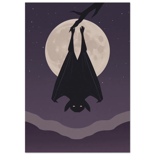 Grafisk illustration av en svart fladdermus framför en stor fullmåne