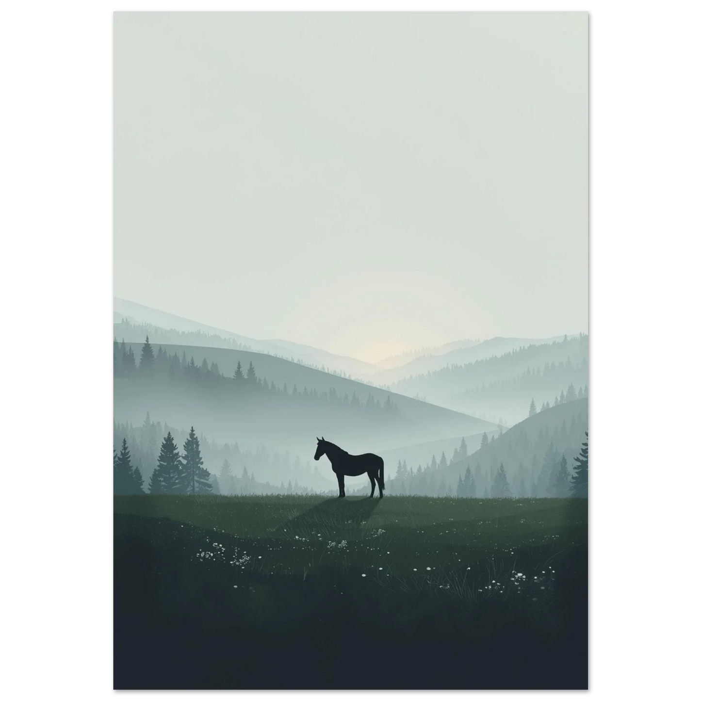 Svart hästsilhuett på grön kulle i dimmigt bergslandskap – grafisk poster