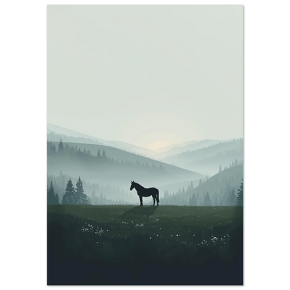 Svart hästsilhuett på grön kulle i dimmigt bergslandskap – grafisk poster