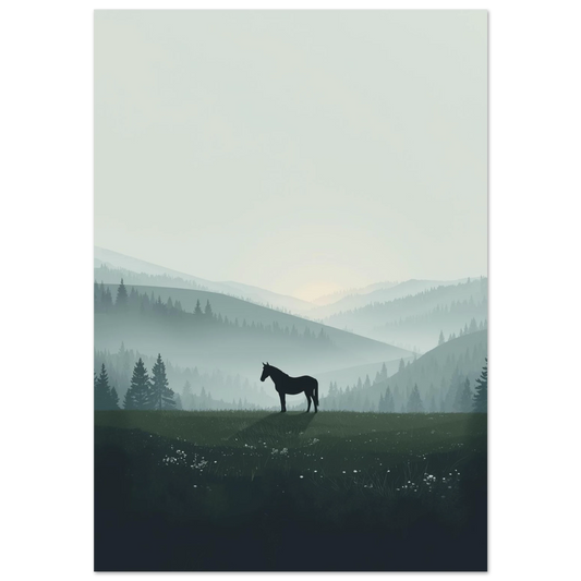 Svart hästsilhuett på grön kulle i dimmigt bergslandskap – grafisk poster
