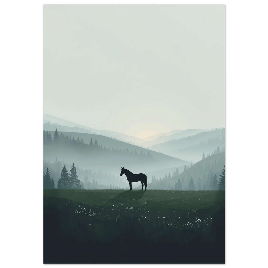 Svart hästsilhuett på grön kulle i dimmigt bergslandskap – grafisk poster