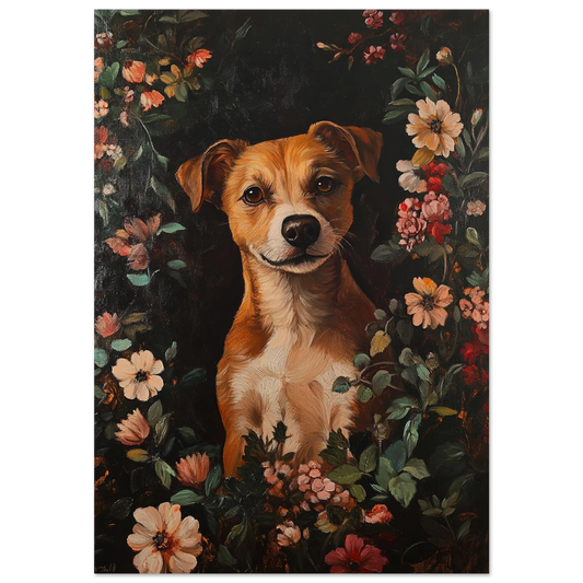 Oljemålning av brunvit hund omgiven av pastellfärgade blommor på svart bakgrund