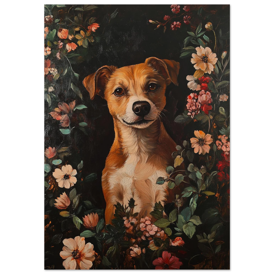 Oljemålning av brunvit hund omgiven av pastellfärgade blommor på svart bakgrund