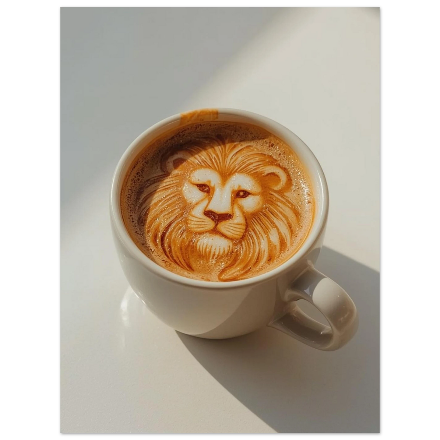 Latte art poster med ett majestätiskt lejonhuvud i kaffebruna toner