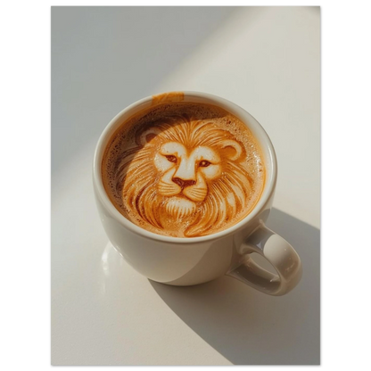 Latte art poster med ett majestätiskt lejonhuvud i kaffebruna toner