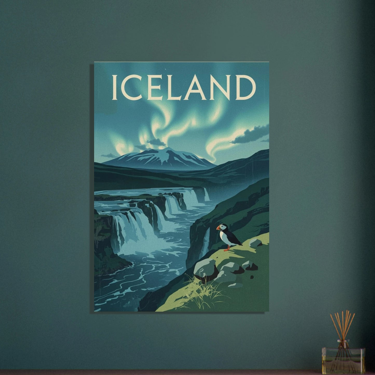 Lunnefågel vid isländskt vattenfall under norrsken, vintage stil