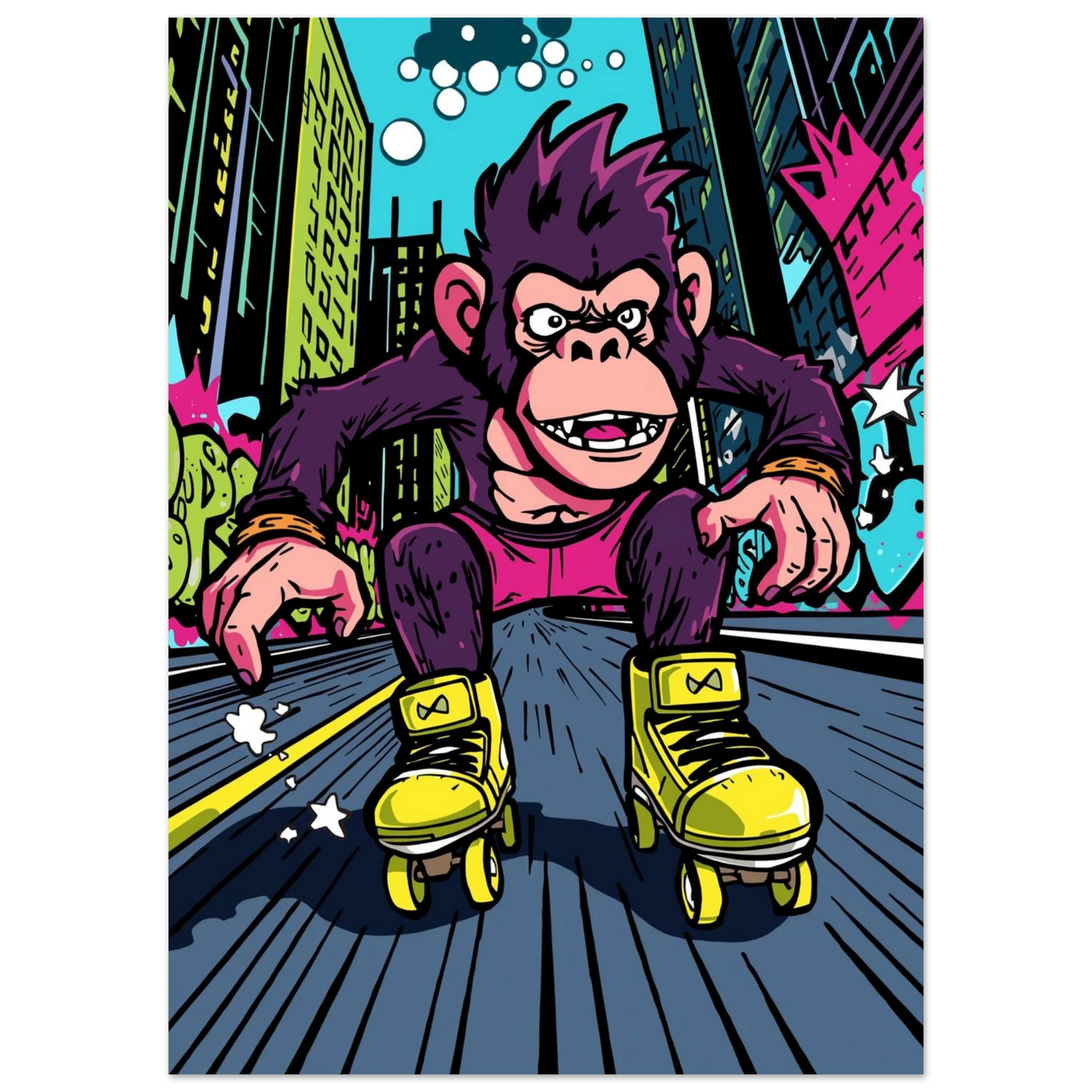 Serieinspirerad apa med lila päls som åker rullskridskor genom graffiti-gränder