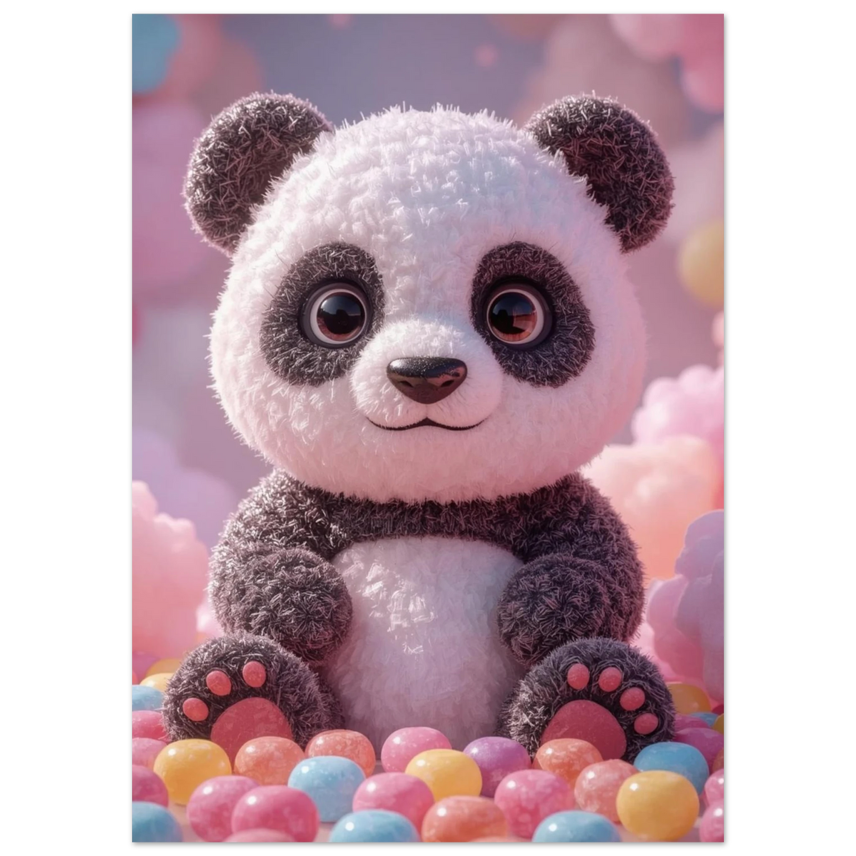 Söt pandaposter med mjuka texturer och stora glänsande ögon i närbild