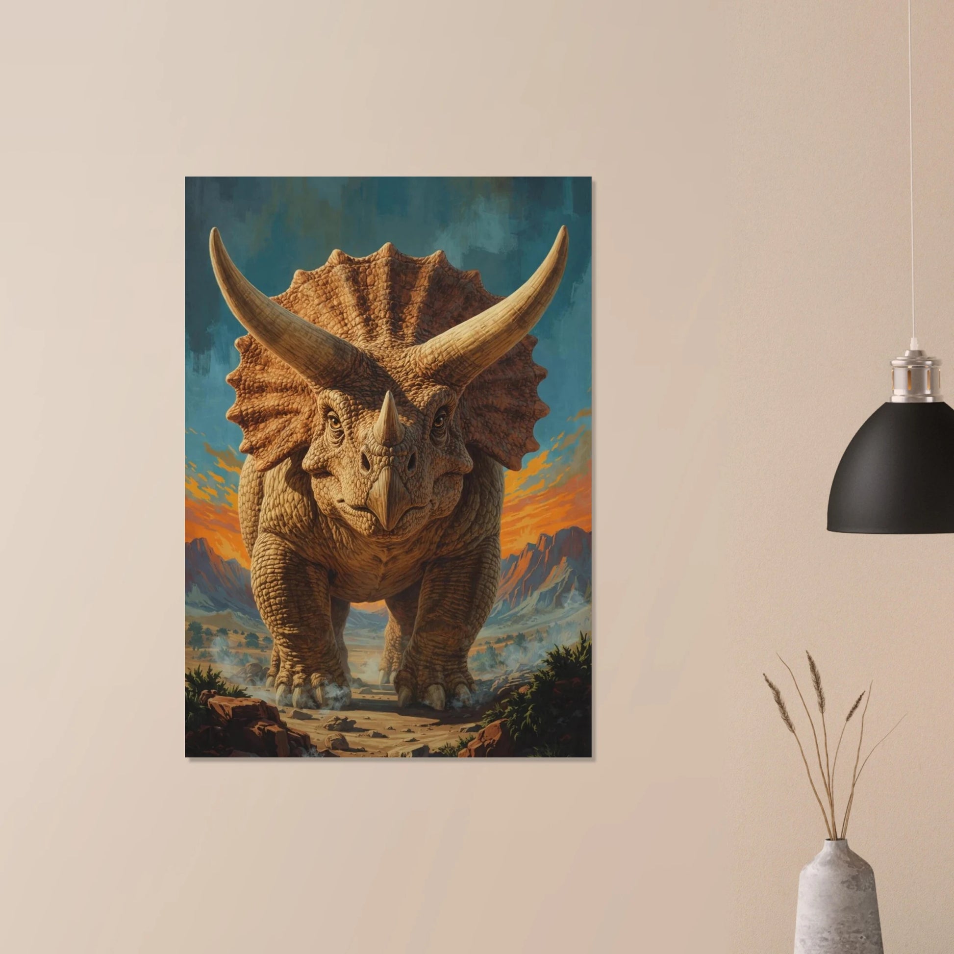 Triceratops poster hängandes på en ljus vägg med modern belysning – Retro poster