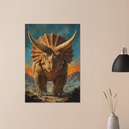 Triceratops poster hängandes på en ljus vägg med modern belysning – Retro poster