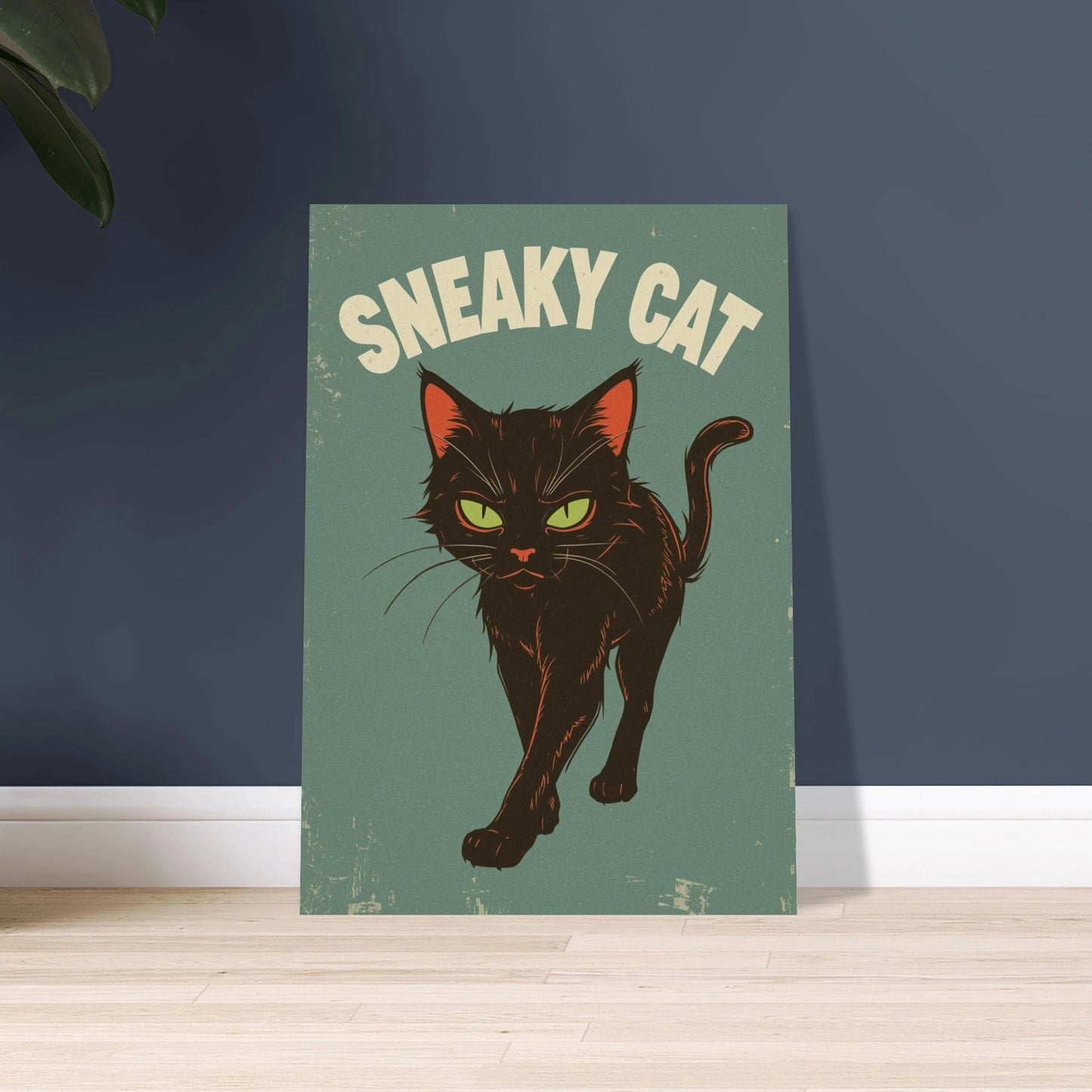 Svart katt med lysande gröna ögon i retrostil