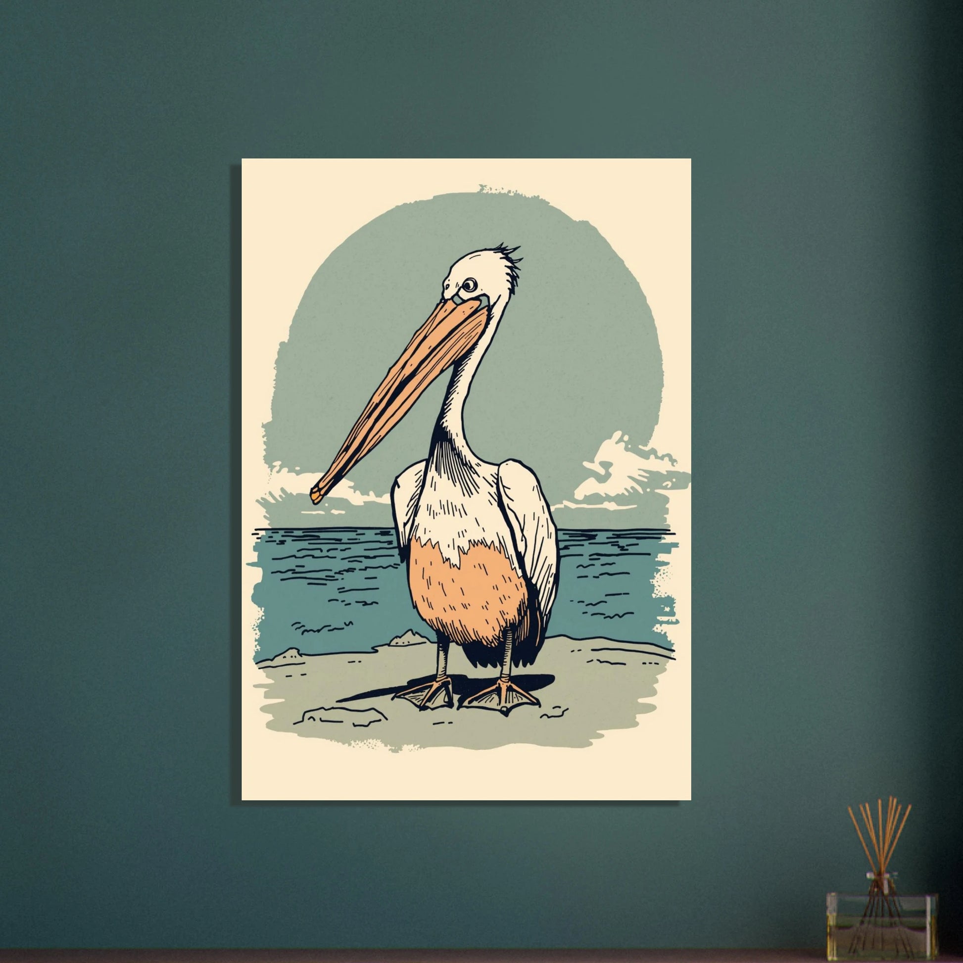 Pelikan vid strandkanten i lugn, illustrativ stil med hav och himmel.