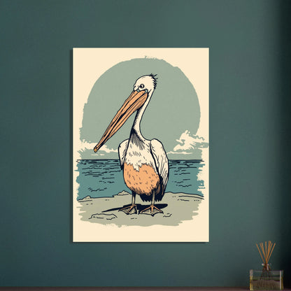 Pelikan vid strandkanten i lugn, illustrativ stil med hav och himmel.