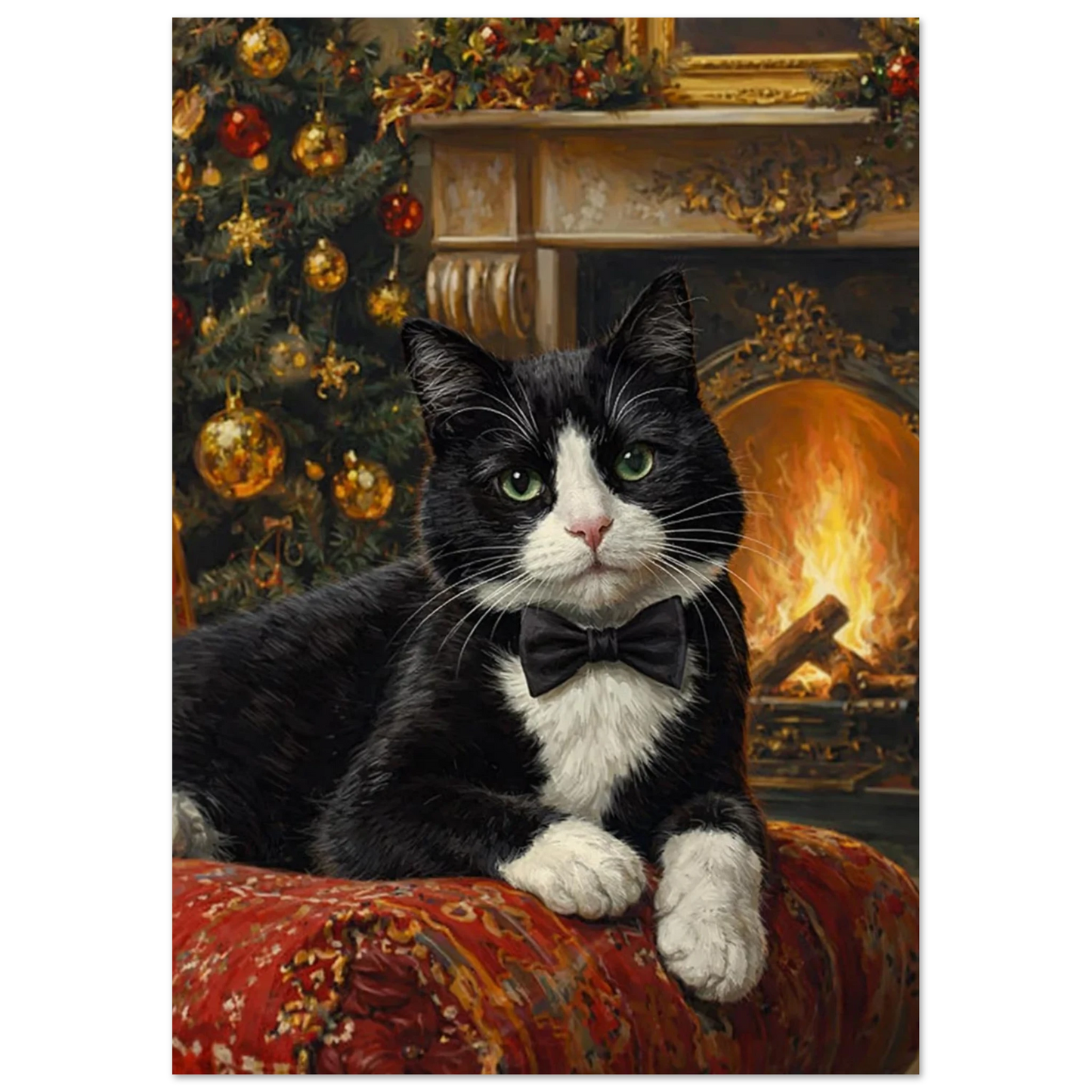 Närbild på julig Tuxedo-katt med vita tassar, grön ögon och fluga, framför julgran och öppen spis – Målad poster