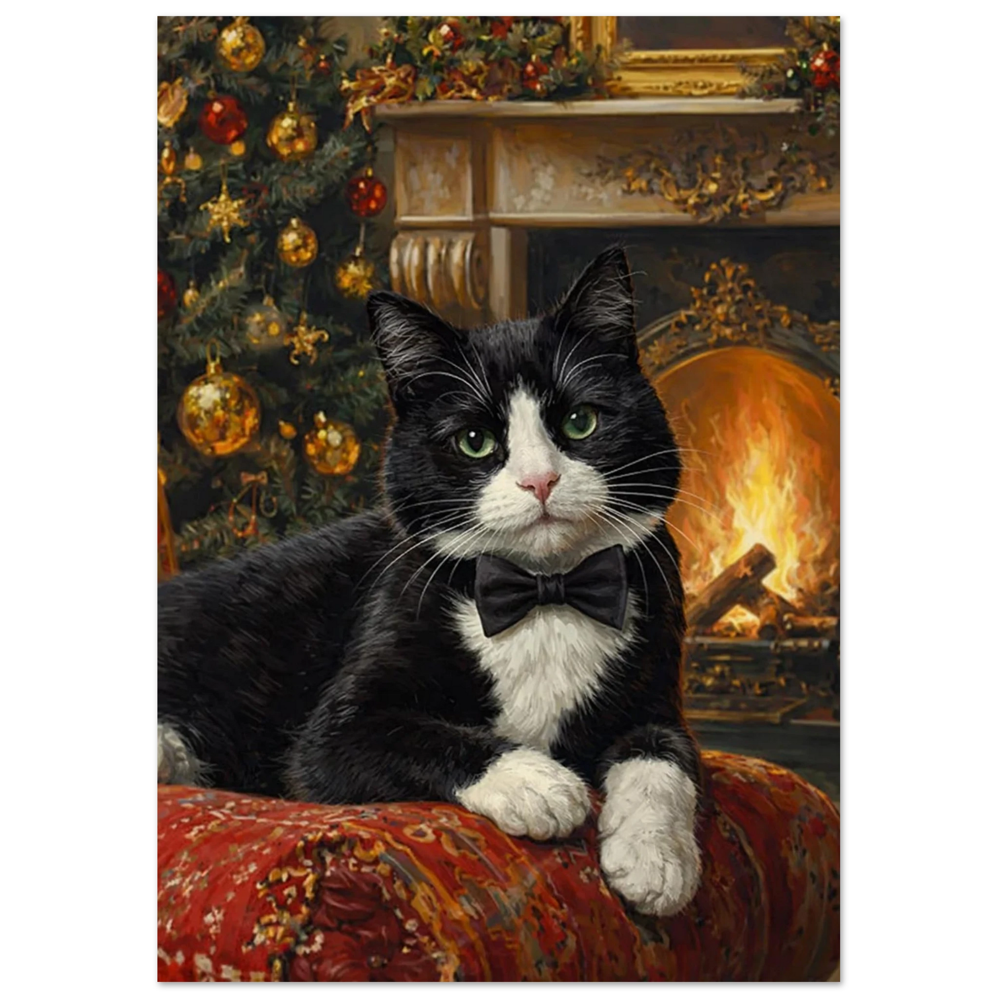 Närbild på julig Tuxedo-katt med vita tassar, grön ögon och fluga, framför julgran och öppen spis – Målad poster