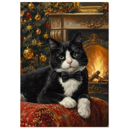 Närbild på julig Tuxedo-katt med vita tassar, grön ögon och fluga, framför julgran och öppen spis – Målad poster