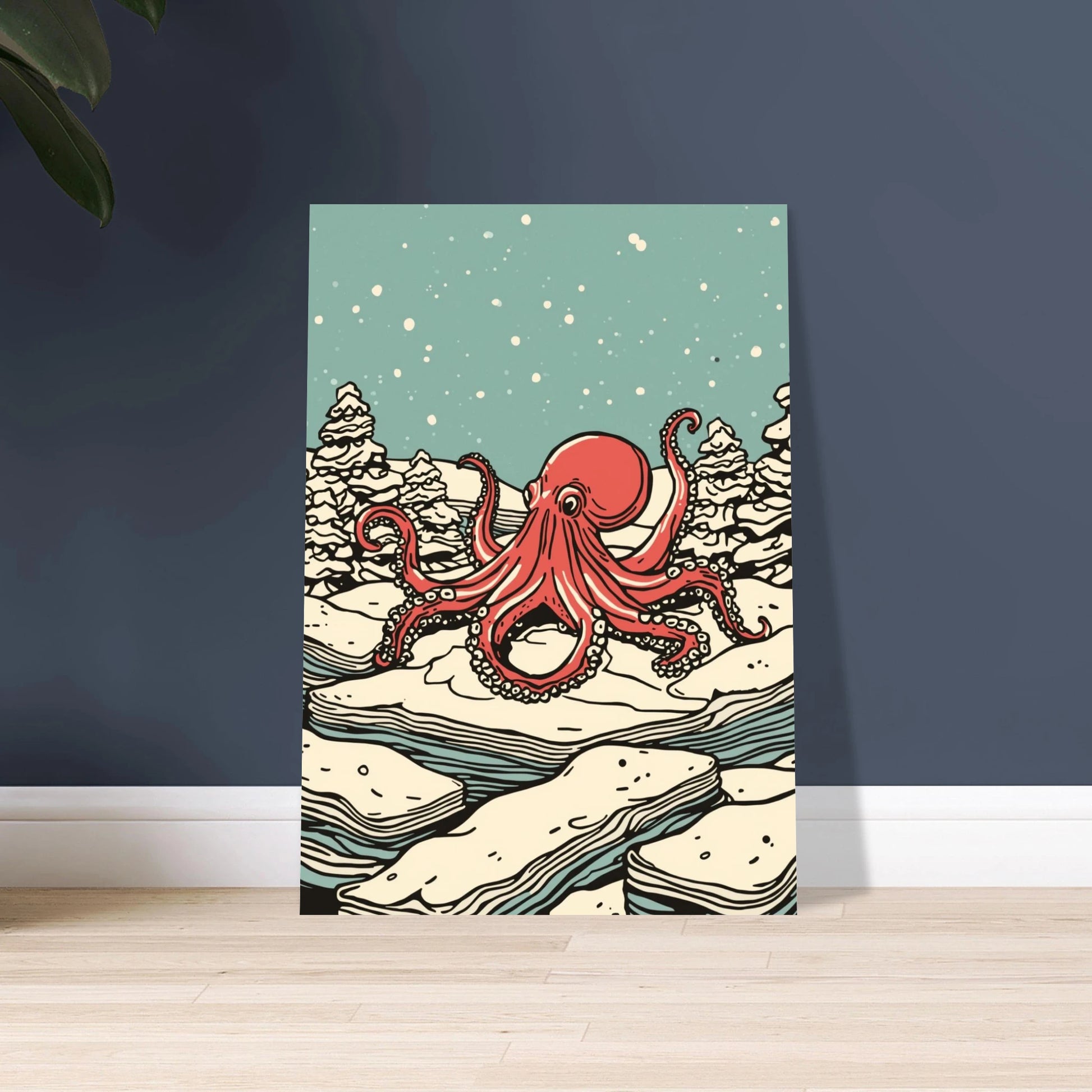 Bläckfisk i snöigt landskap, surrealistisk och konstnärlig vinterscen