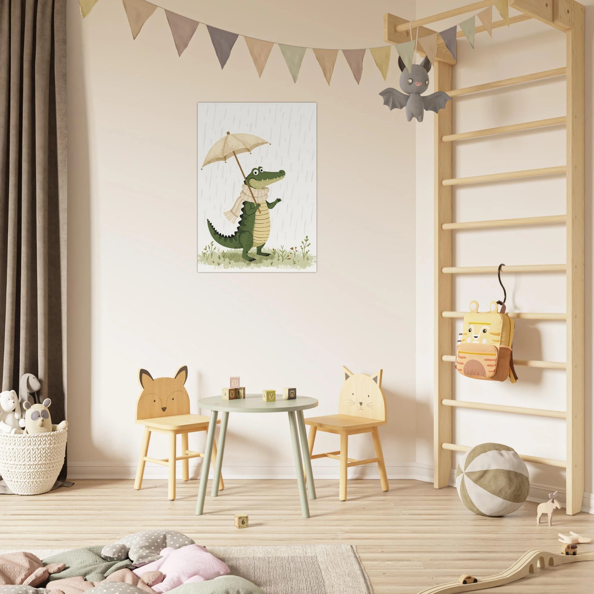 Poster med tecknad krokodil i regnet uppsatt i ett barnrum med lekfull inredning – Tecknad poster