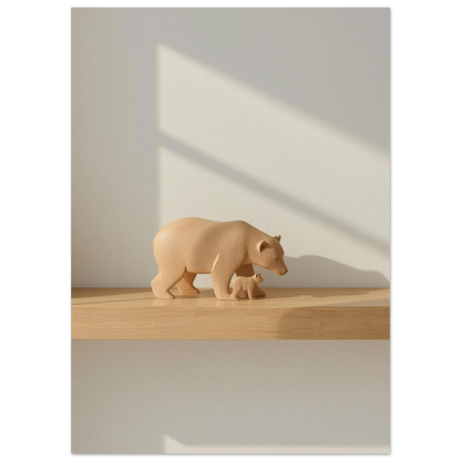 Skandinavisk designposter med björn och unge i naturlig träfärg, varmbeige motiv