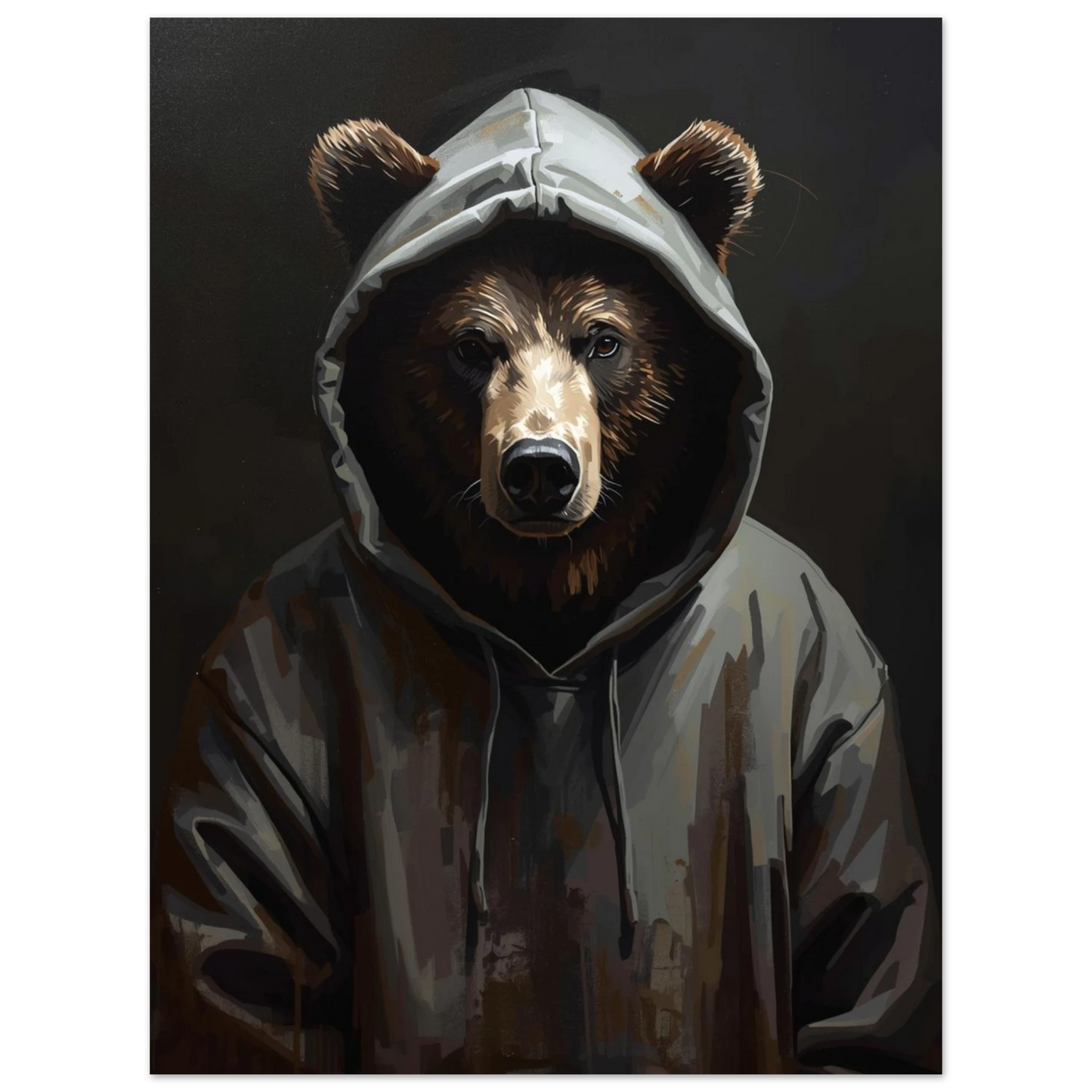 Modern björnposter med motiv av ett vilddjur klätt i grå hoodie