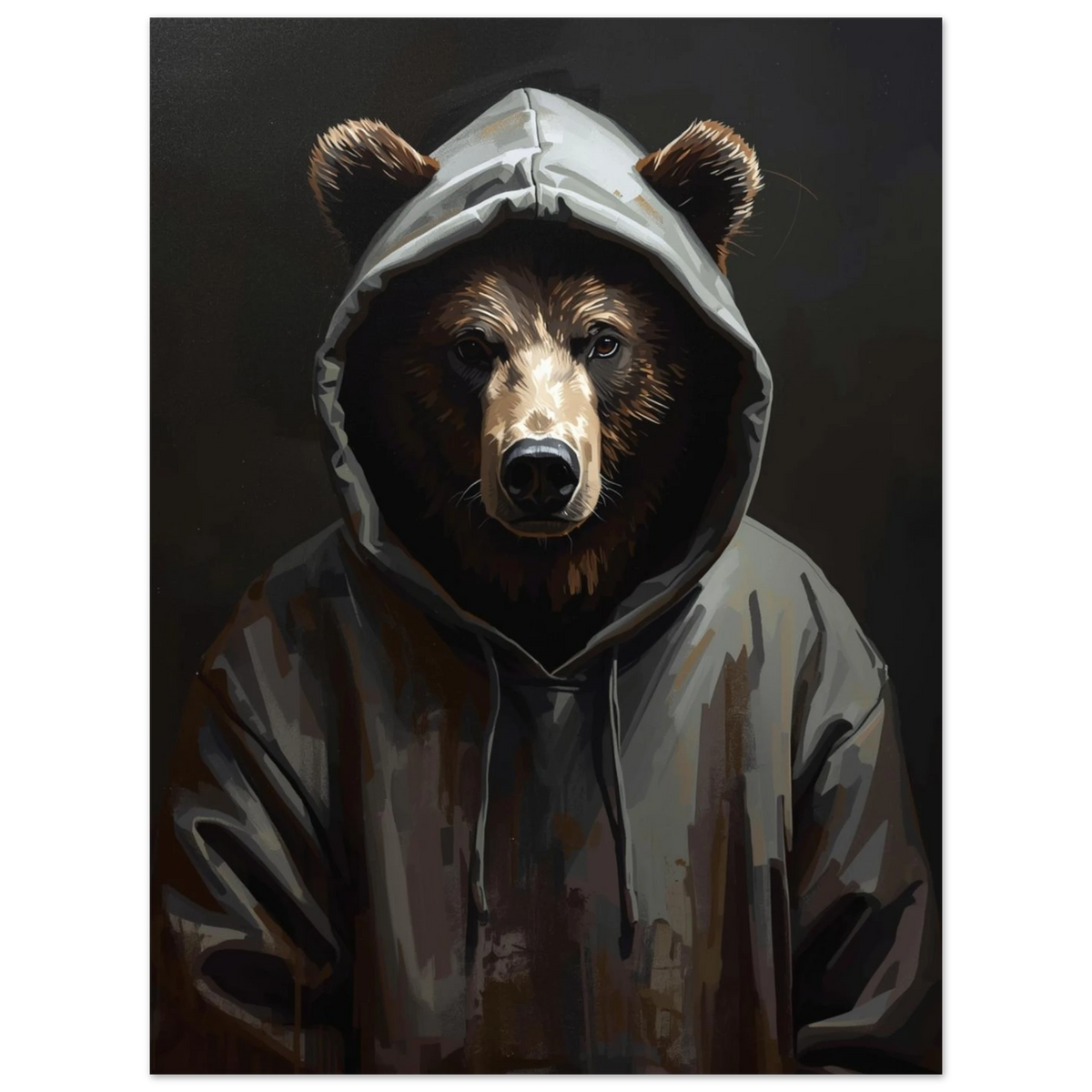Modern björnposter med motiv av ett vilddjur klätt i grå hoodie