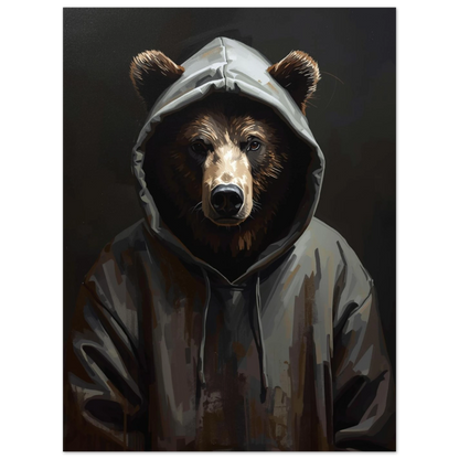 Modern björnposter med motiv av ett vilddjur klätt i grå hoodie