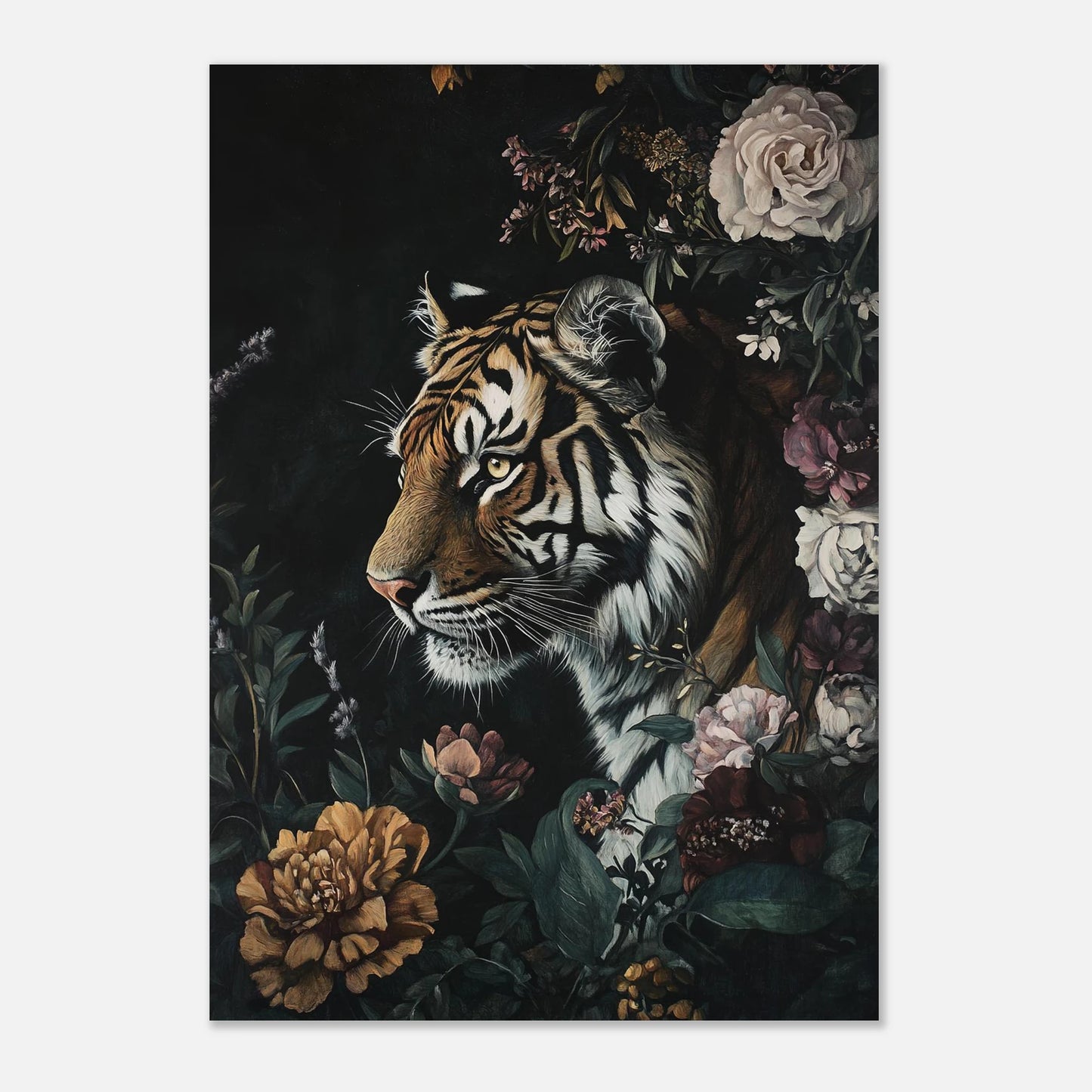 Majestätisk tiger i blomstrande nattmiljö, elegant tavla för sovrum