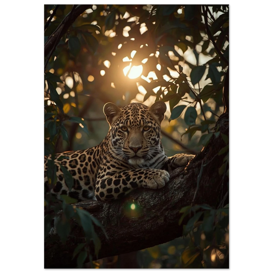Leopard vilande på trädgren i gyllene motljus – stämningsfull fotoposter