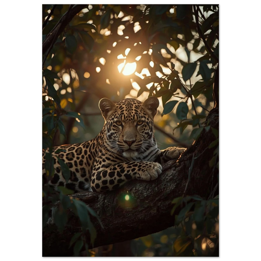 Leopard vilande på trädgren i gyllene motljus – stämningsfull fotoposter