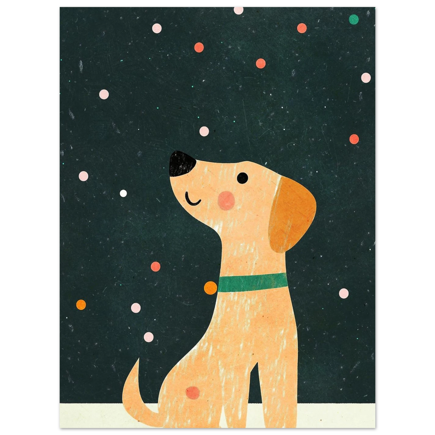 Grafisk illustration av en glad hund i profil mot mörkgrön bas