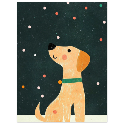 Grafisk illustration av en glad hund i profil mot mörkgrön bas