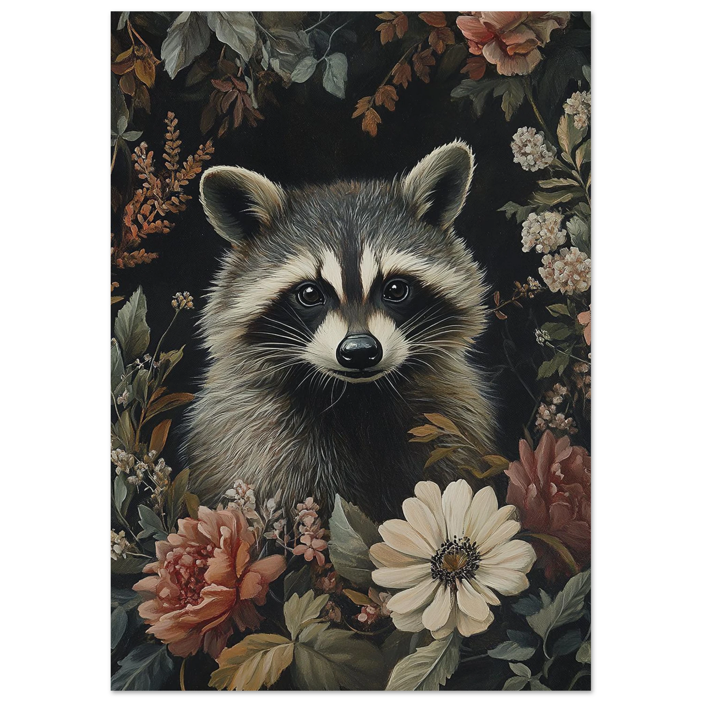 Konstnärlig tvättbjörn i ett hav av vintageblommor – mörkt naturmotiv