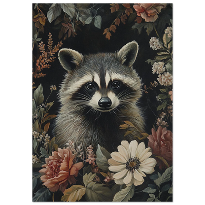 Konstnärlig tvättbjörn i ett hav av vintageblommor – mörkt naturmotiv