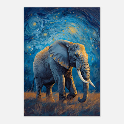 Väggkonst föreställande en elefant i ett drömskt och stjärnfyllt universum