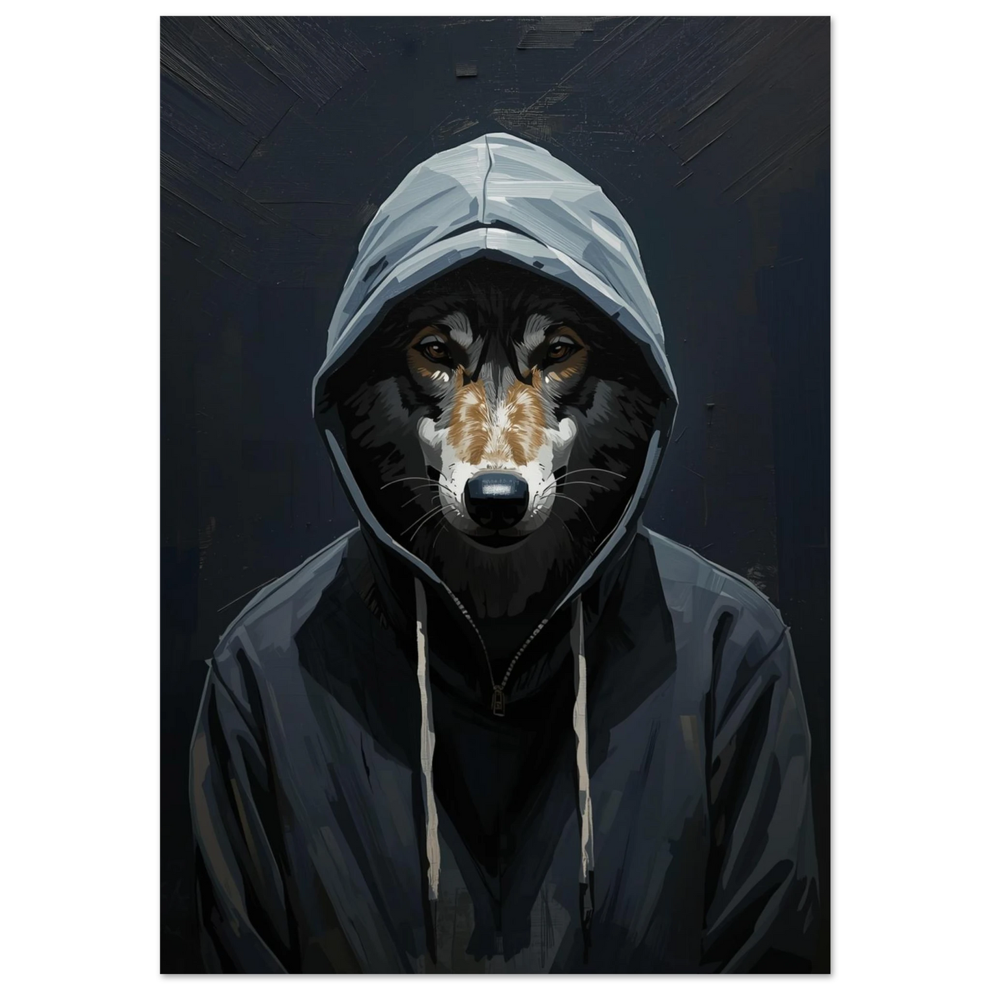 Varg i mörkgrå hoodie med huva – urban djurposter i akrylstil