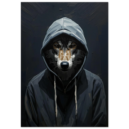Varg i mörkgrå hoodie med huva – urban djurposter i akrylstil